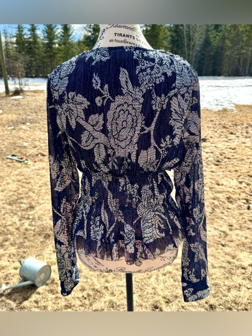 Anthropologie Black Navy and Silver Metallic Floral V-Neck Peplum Blouse - Picture 14 of 17
